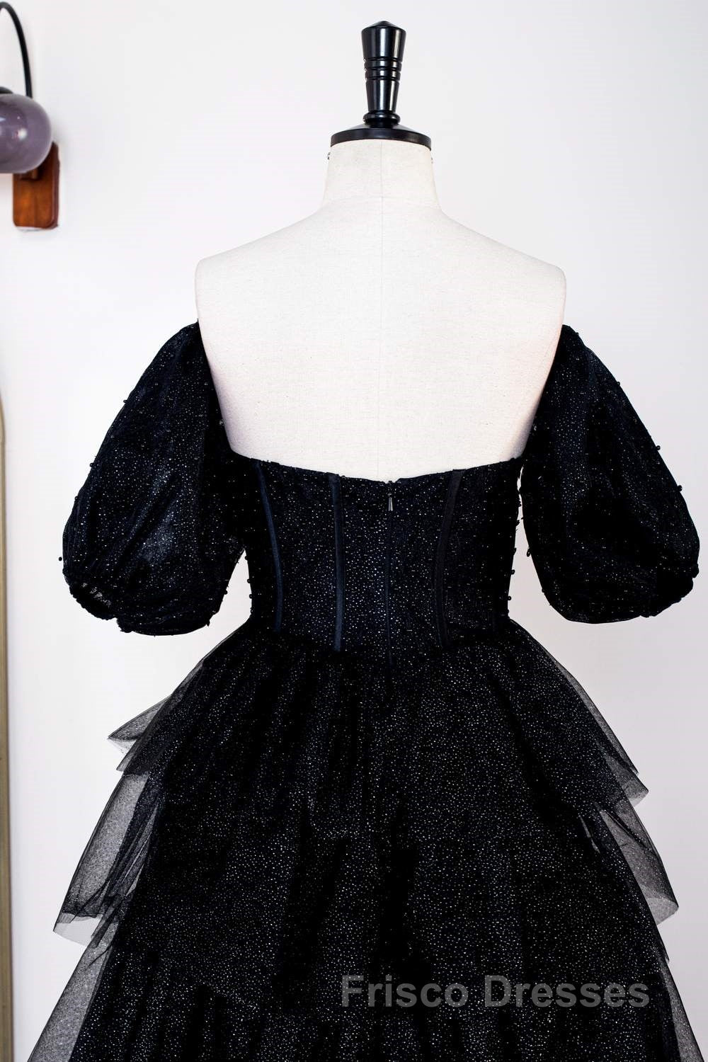 Saprkly Black Off-Shoulder Puff Sleeves Layers Long Formal Prom Dress
