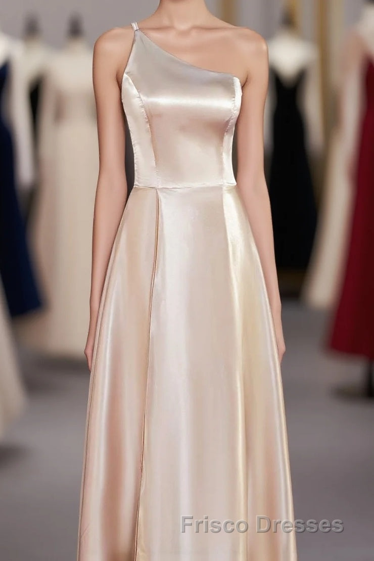 Champagne One Shoulder A-line Satin Tea Length Bridesmaid Dress Main image