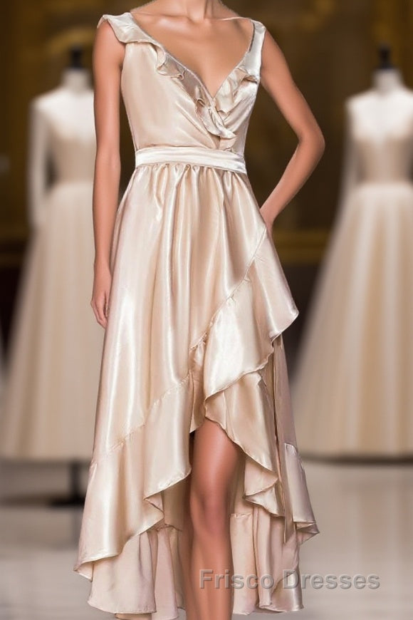 Champagne Ruffled Faux-Wrapped A-line Hi-Low Bridesmaid Dress with Sash Main image