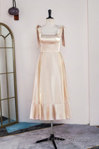 Champagne Bow Tie Straps A-line Satin Tea-Length Bridesmaid Dress