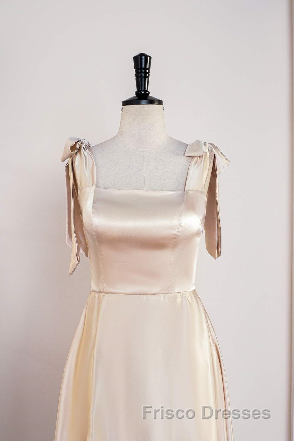 Champagne Bow Tie Straps A-line Satin Tea-Length Bridesmaid Dress