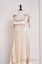 Champagne Bow Tie Straps A-line Satin Tea-Length Bridesmaid Dress
