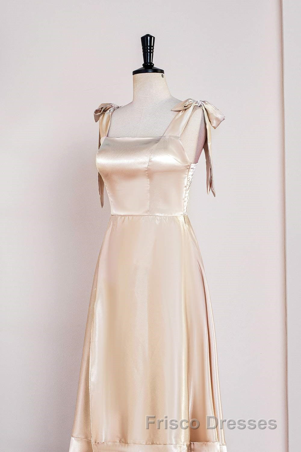 Champagne Bow Tie Straps A-line Satin Tea-Length Bridesmaid Dress