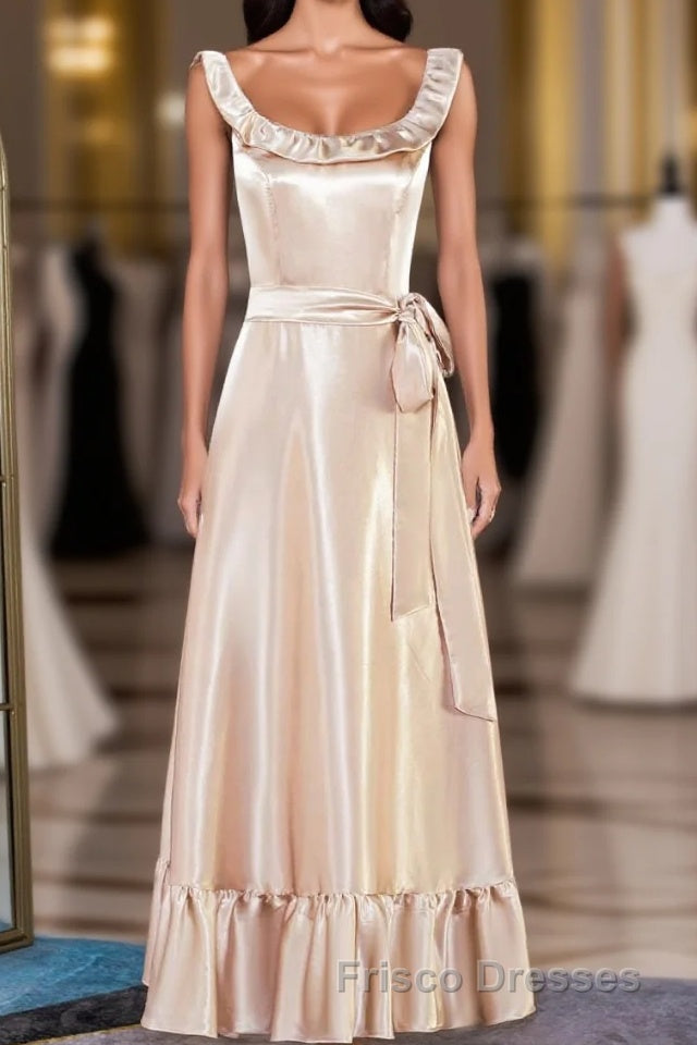 Champagne Sleeveless Ruffled A-line Tea-Length Bridesmaid Dress with Sash Main image