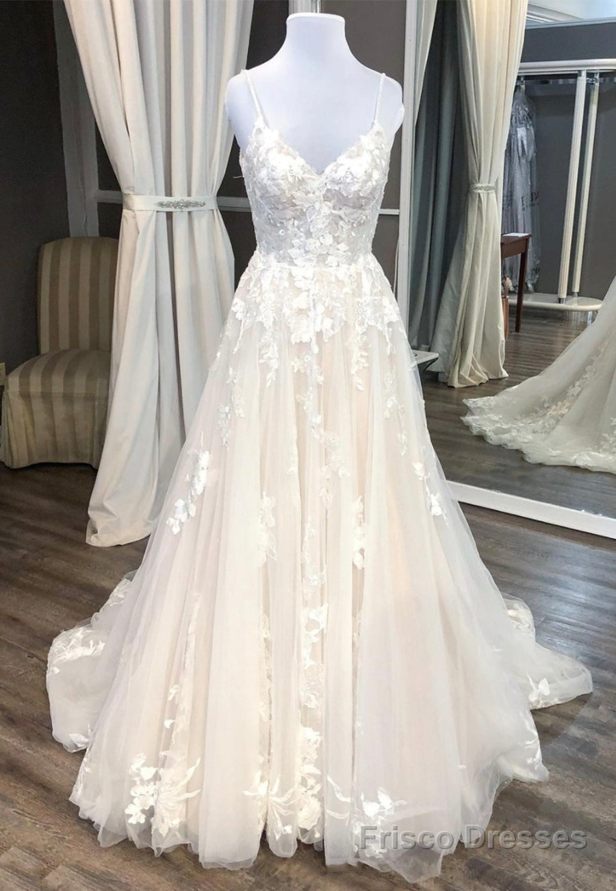 Champagne V-Neck Lace Long Prom Dresses, A-Line Evening Dresses Main image