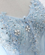 Light Blue Tulle Lace Long Formal Prom Dress, Formal Prom Dress