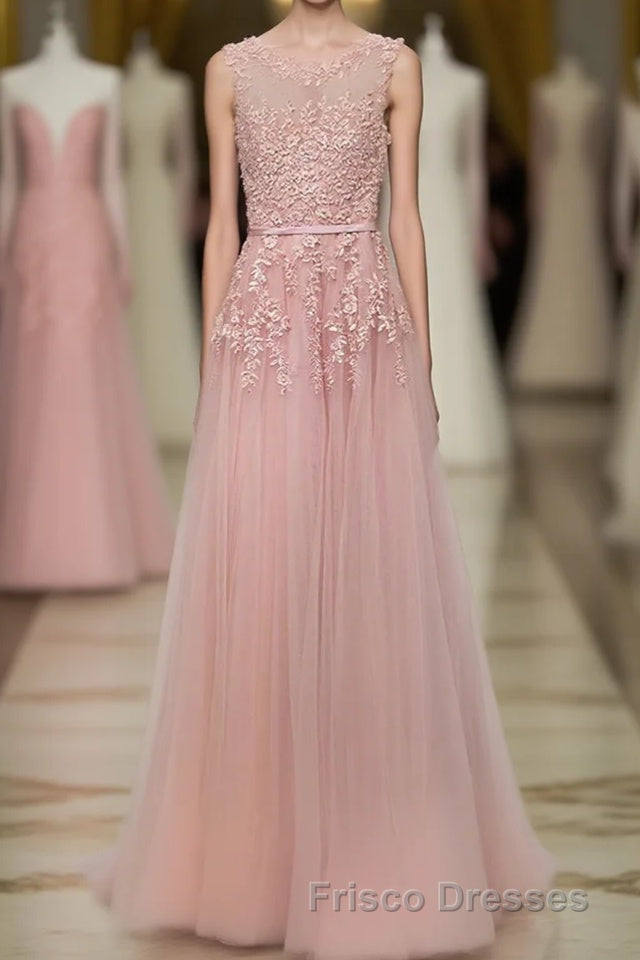 Pink Lace Tulle Long A Line Formal Prom Dress, Pink Evening Dress, 1 Main image