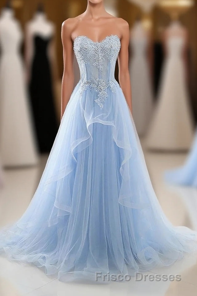Light Blue Tulle Lace Long Formal Prom Dress, Formal Prom Dress Main image