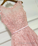 Pink Lace Tulle Long A Line Formal Prom Dress, Pink Evening Dress, 1