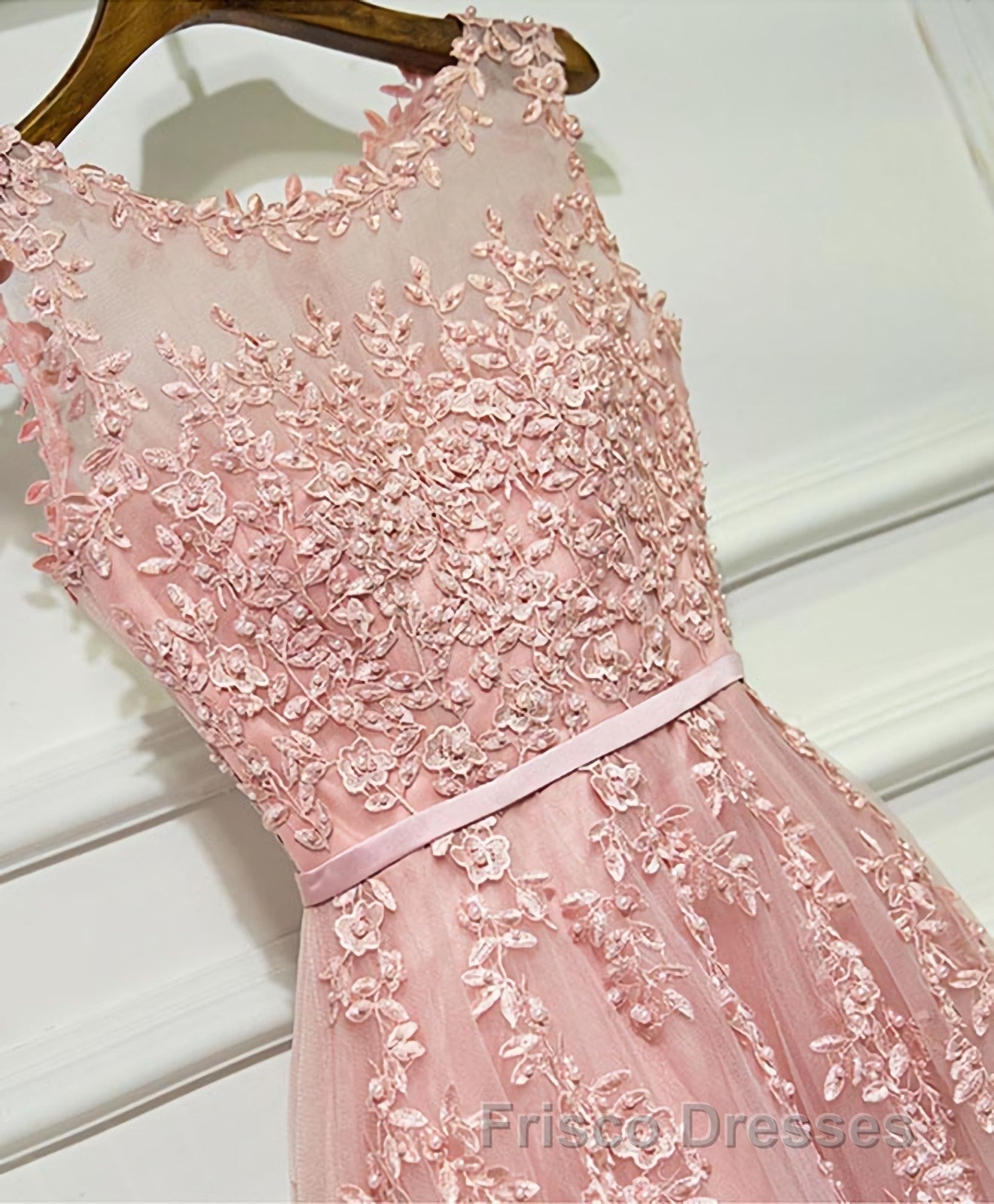 Pink Lace Tulle Long A Line Formal Prom Dress, Pink Evening Dress, 1