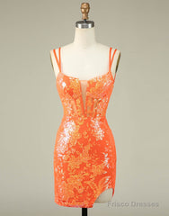 Orange Double Spaghetti Straps Glitter SequinTight Homecoming Dress