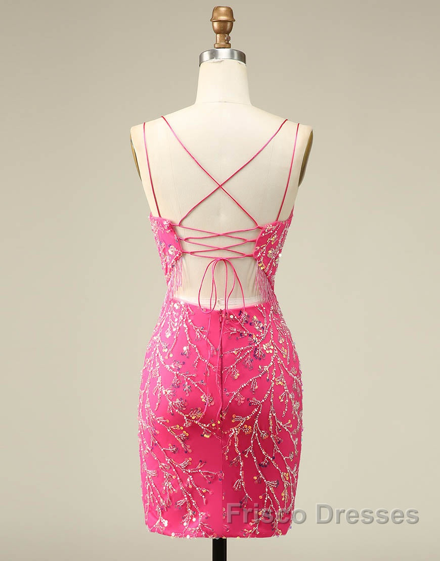 Gorgeous Sparkly Double Spaghetti Straps Tight Homecoming Dress With Fringe