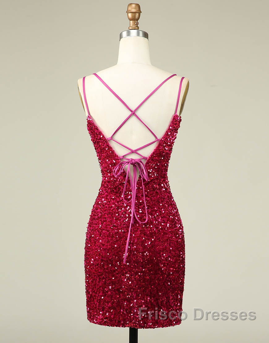 Sparkly Sequin Double Spaghetti Straps Tight Homecoming Dress