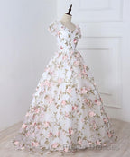 White V Neck 3D Flowers Long Formal Prom Dress, White Evening Dress