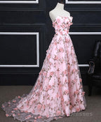 Pink Tulle 3D Flowers Long Formal Prom Dress, Pink Evening Dress