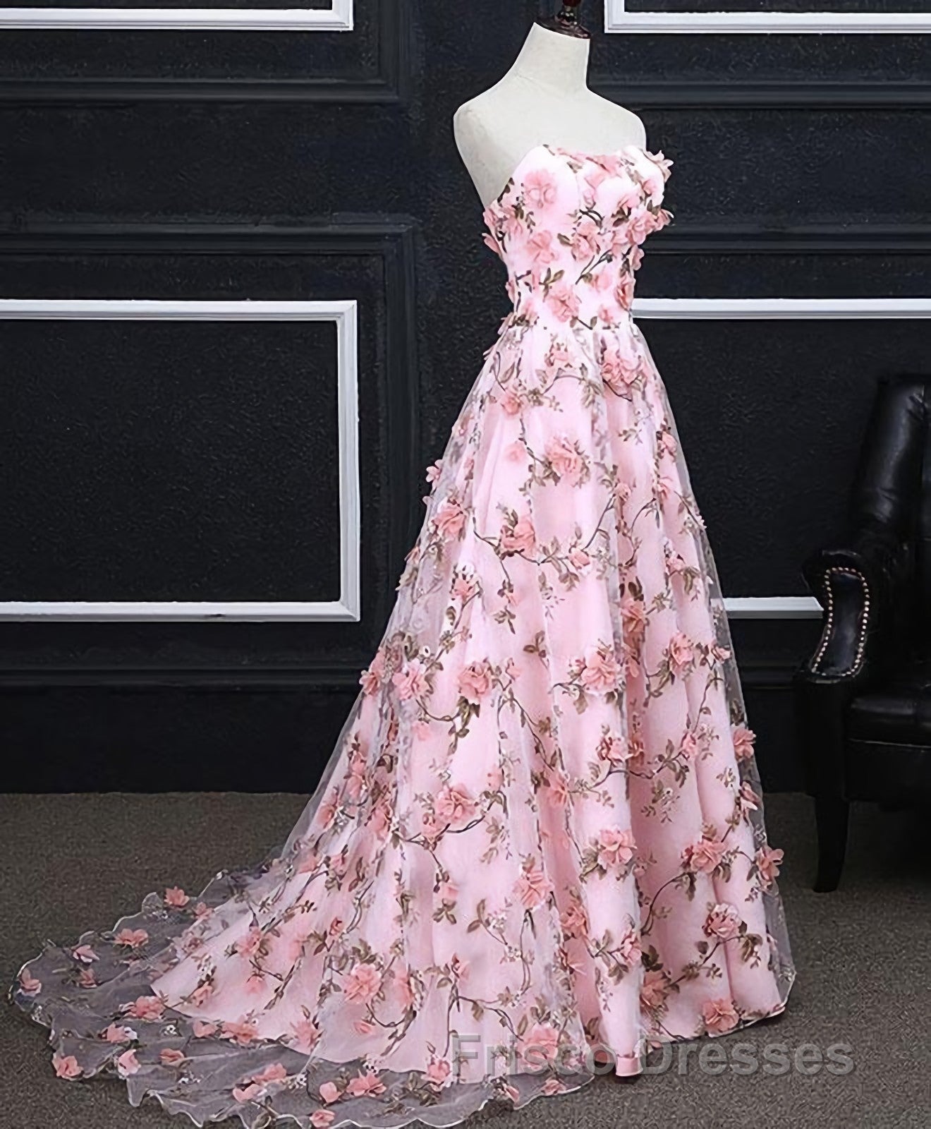 Pink Tulle 3D Flowers Long Formal Prom Dress, Pink Evening Dress