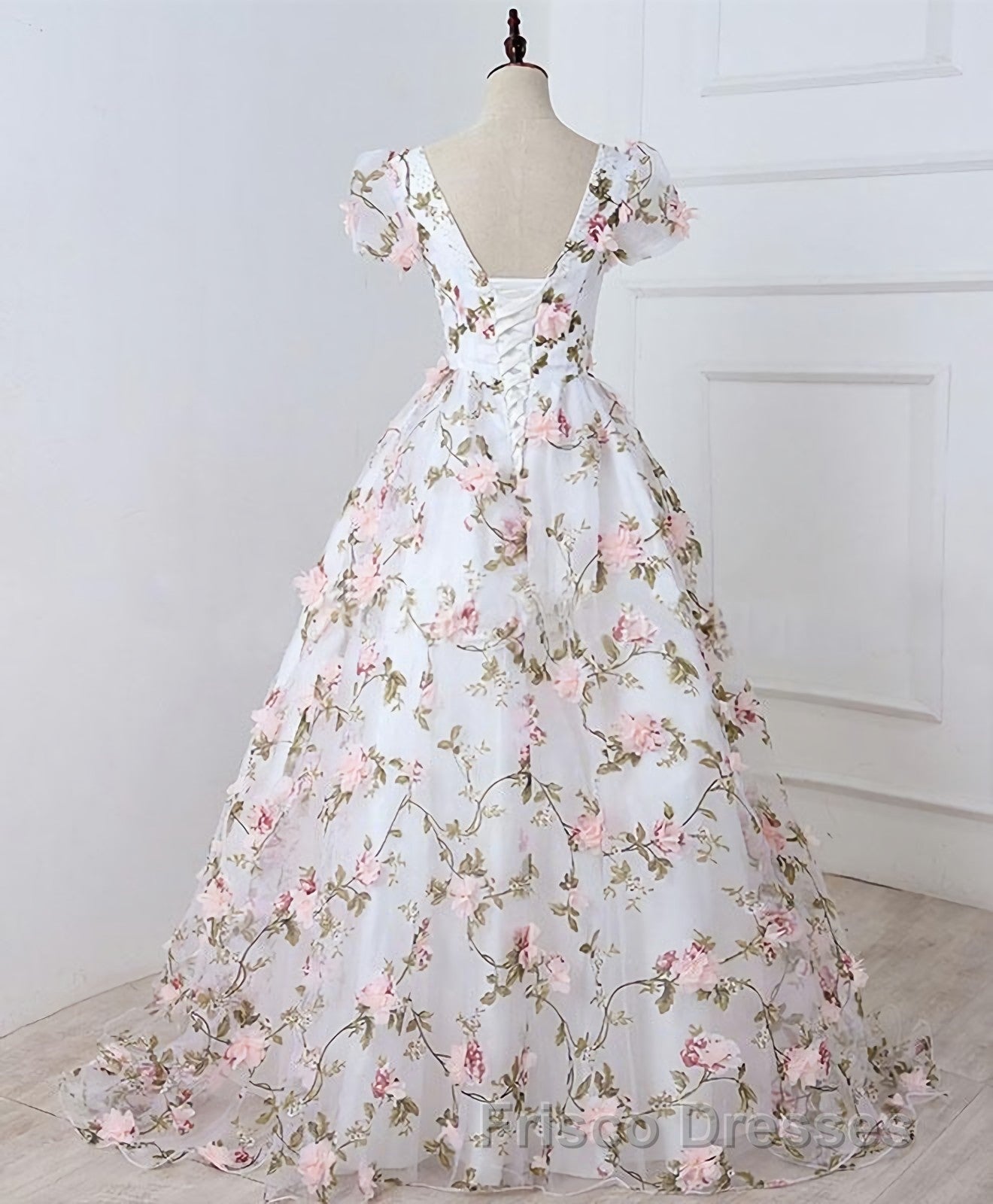 White V Neck 3D Flowers Long Formal Prom Dress, White Evening Dress