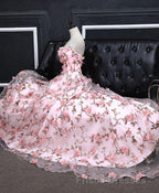 Pink Tulle 3D Flowers Long Formal Prom Dress, Pink Evening Dress