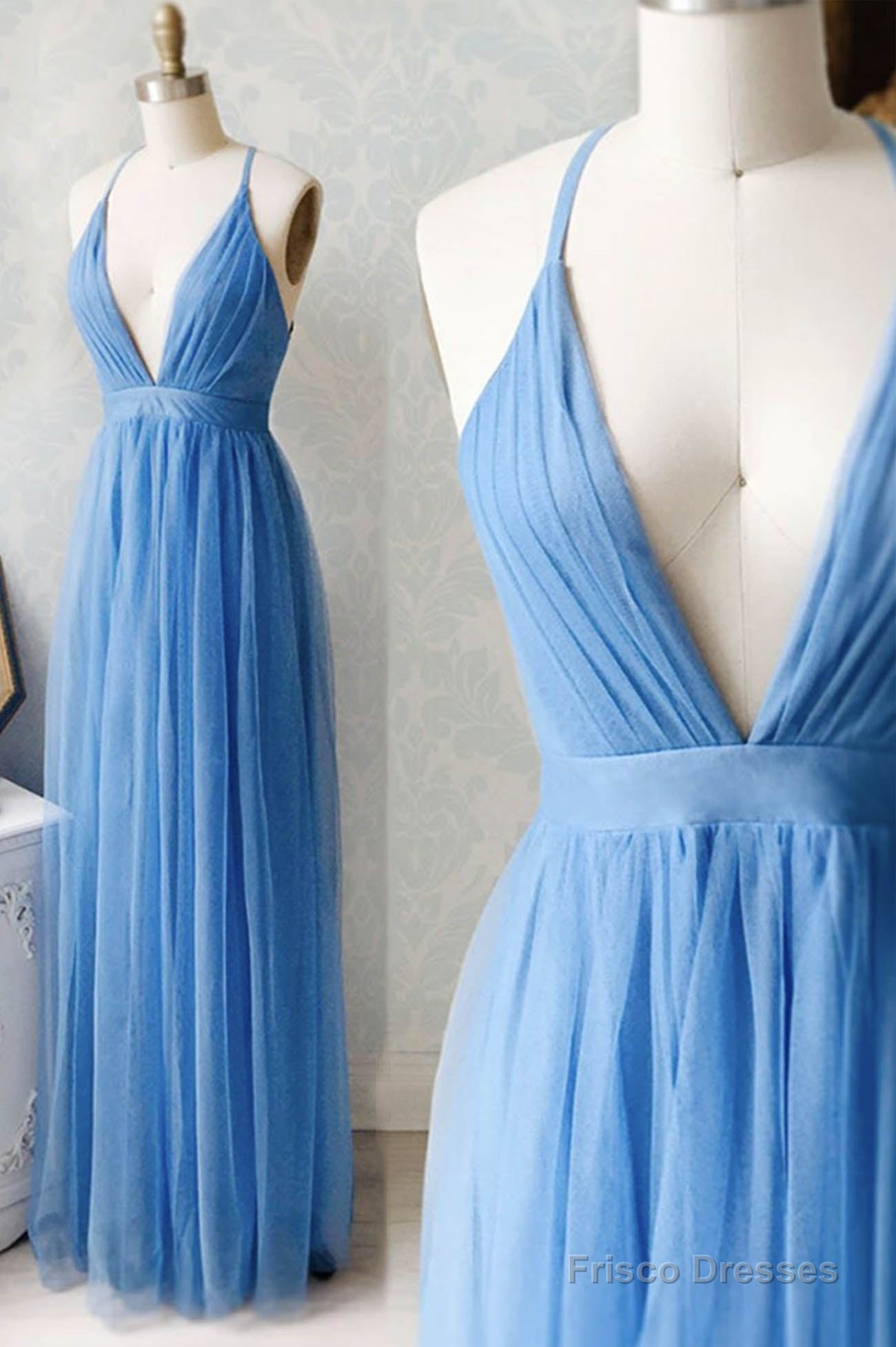 A-Line Tulle Long Prom Dresses, Simple V-Neck Party Dresses Secondary image