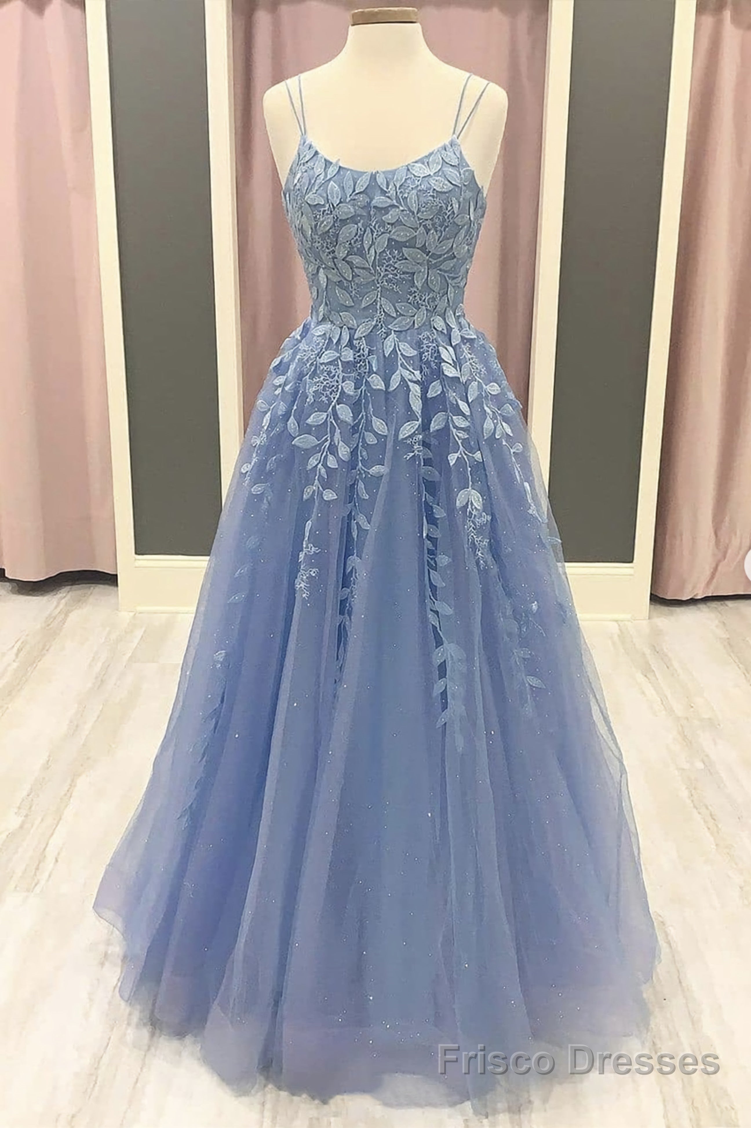 Blue Tulle Lace Applique Long Prom Dress, Lace Formal Dress Main image