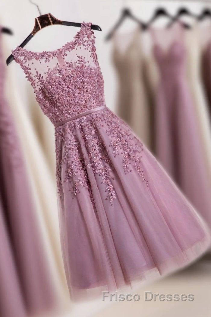 Cute Pink Lace Tulle Short Formal Prom Dress, Pink Evening Dress Main image