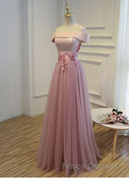 Pink A Line Off Shoulder Floor Length Formal Prom Dress, Lace Evening Dress