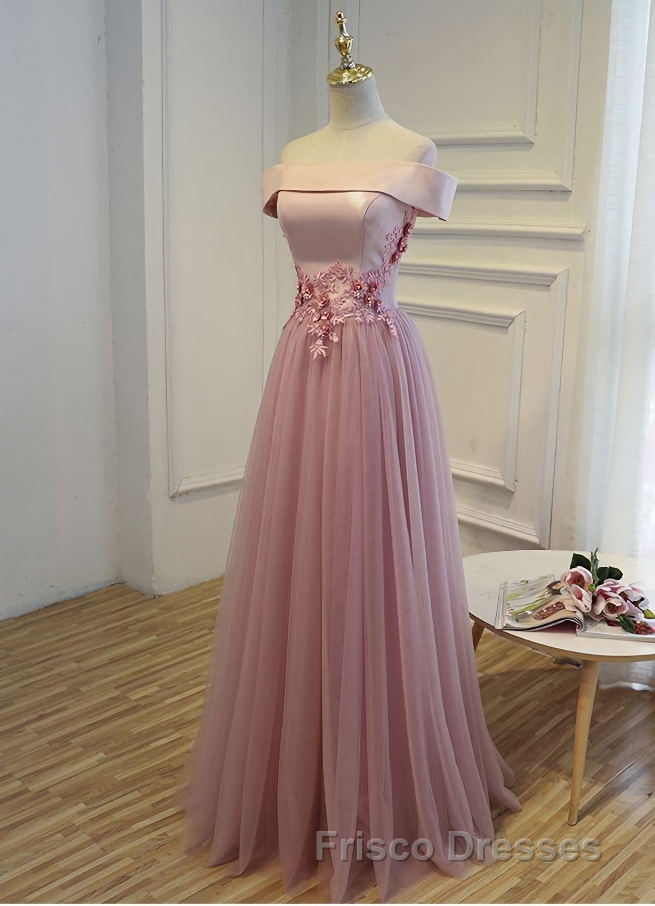 Pink A Line Off Shoulder Floor Length Formal Prom Dress, Lace Evening Dress