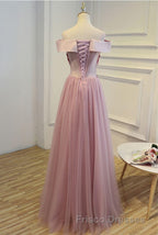 Pink A Line Off Shoulder Floor Length Formal Prom Dress, Lace Evening Dress