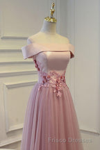 Pink A Line Off Shoulder Floor Length Formal Prom Dress, Lace Evening Dress