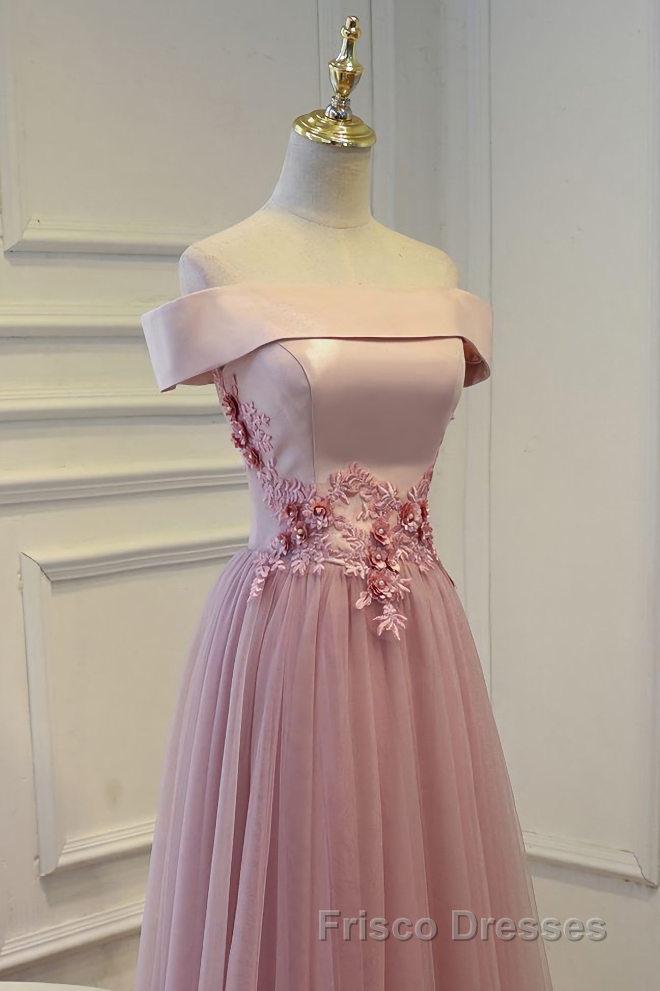 Pink A Line Off Shoulder Floor Length Formal Prom Dress, Lace Evening Dress