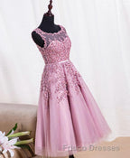 Cute Pink Lace Tulle Short Formal Prom Dress, Pink Evening Dress