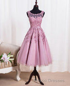 Cute Pink Lace Tulle Short Formal Prom Dress, Pink Evening Dress