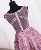 Cute Pink Lace Tulle Short Formal Prom Dress, Pink Evening Dress