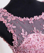 Cute Pink Lace Tulle Short Formal Prom Dress, Pink Evening Dress