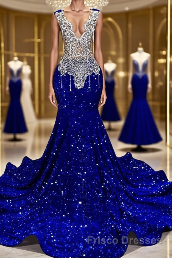 Royal Blue Sleeveless Mermaid Formal Prom Dresses with Beadings and Sequins