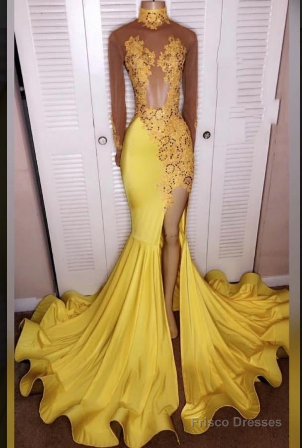 2025 Junoesque Yellow Split Mermaid/Trumpet Long Sleeve Satin Prom Dresses Main image