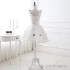 A Line V Neck Sleeveless Appliques Tulle Homecoming Dresses, Short Prom Dresses