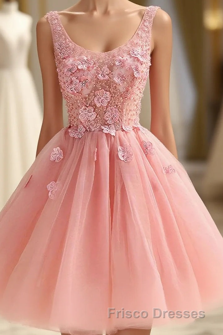 Cute A Line Pink Tulle Pearl Short Formal Prom Dress, Homecoming Dress Main image