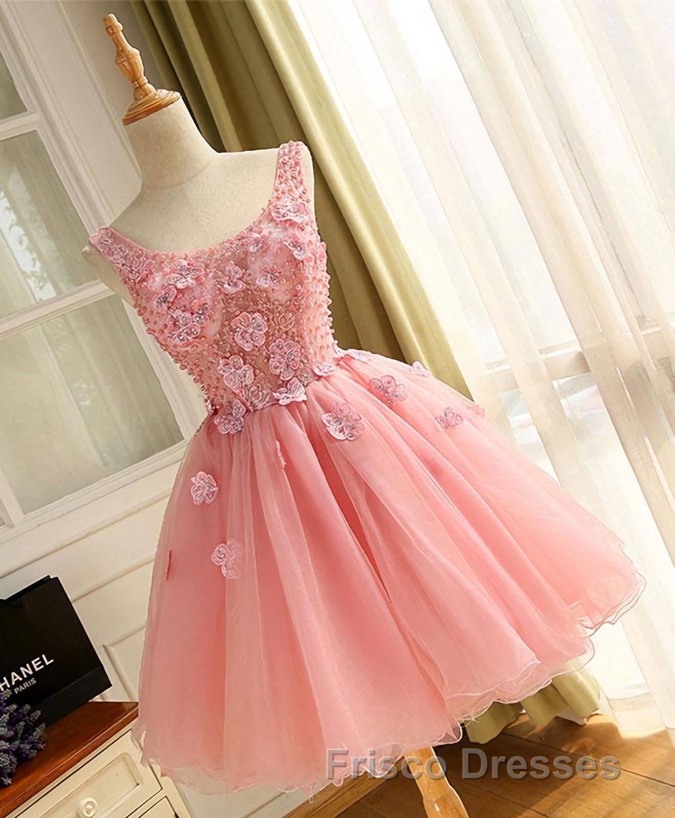 Cute A Line Pink Tulle Pearl Short Formal Prom Dress, Homecoming Dress Secondary image
