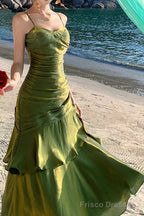 A-Line Green Prom Dress features spaghetti straps Evening Dresses