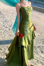A-Line Green Prom Dress features spaghetti straps Evening Dresses