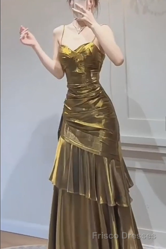 A-Line Gold Prom Dress features spaghetti straps Evening Dresses Main image