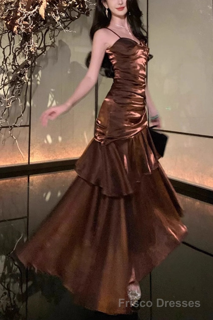 A-Line Brown Prom Dress features spaghetti straps Evening Dresses