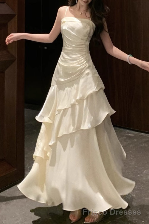 A-Line White Prom Dress features spaghetti straps Evening Dresses Main image