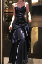 A-Line Dark Blue Prom Dress features spaghetti straps Evening Dresses