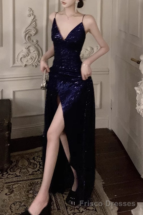 Spaghetti Strap V-Neck Prom Dress Glitter A-Line Maxi Dress