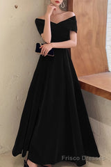 Simple V-neck Short-Sleeve Off Shoulder Long Prom Dress Black A-Line  Evening Dress