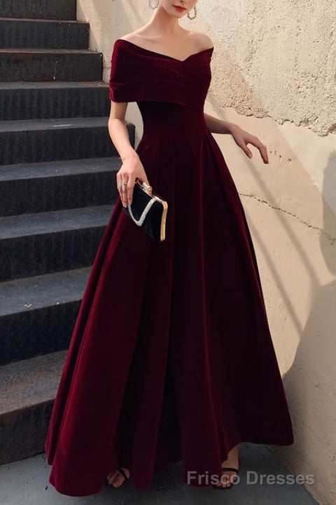 Simple V-neck Short-Sleeve Off Shoulder Long Prom Dress Burgundy A-Line  Evening Dress Secondary image