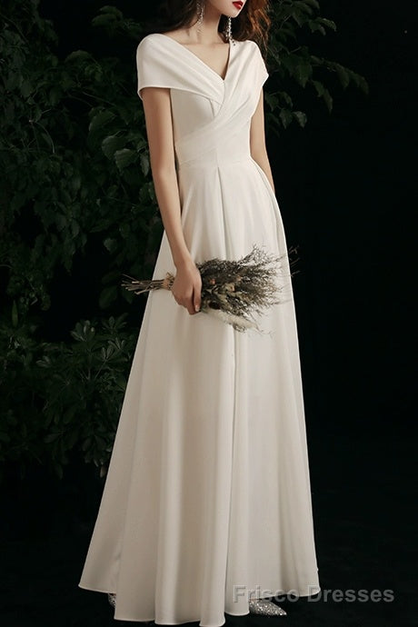 Simple V-neck Short-Sleeve Off Shoulder Long Prom Dress White A-Line  Evening Dress Secondary image