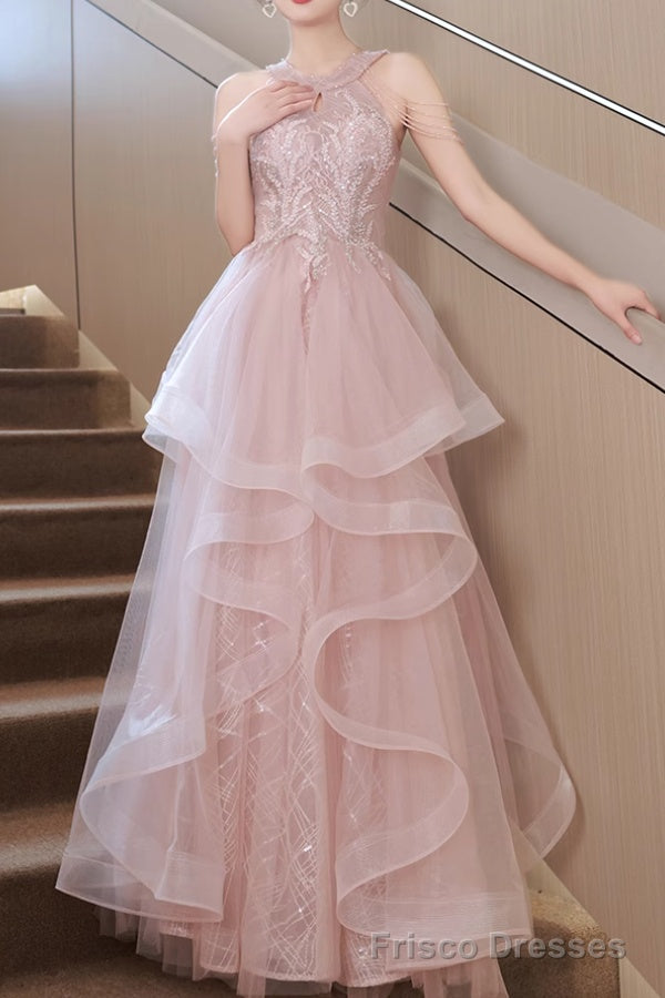 Pretty Sequin Ruffle Off Shoulder Prom Dress Light Pink Princess Halter Neck Maxi Dress Secondary image